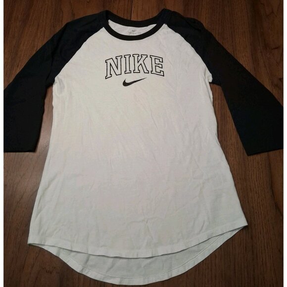 Nike Shirt Womens Small White Black Raglan Baseball 3/4 Sleeve Crew Neck Tee - Picture 1 of 6
